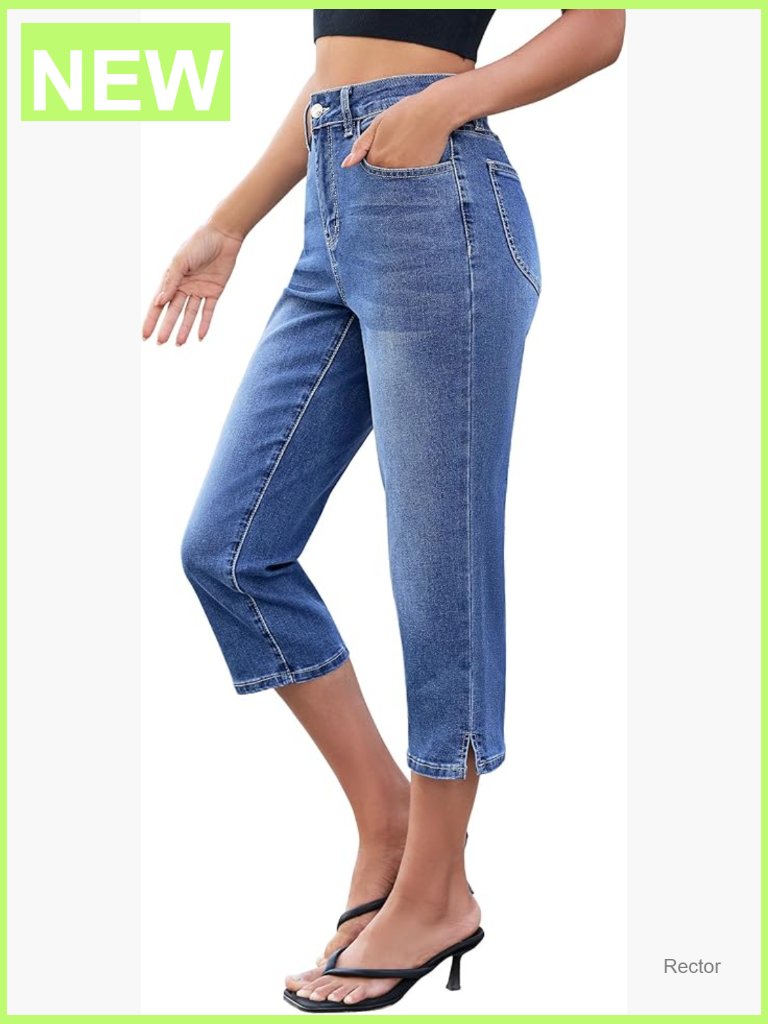 High Waisted Side Slit Capri Jeans Stretchy Denim Relaxed Fit Summer Pants
